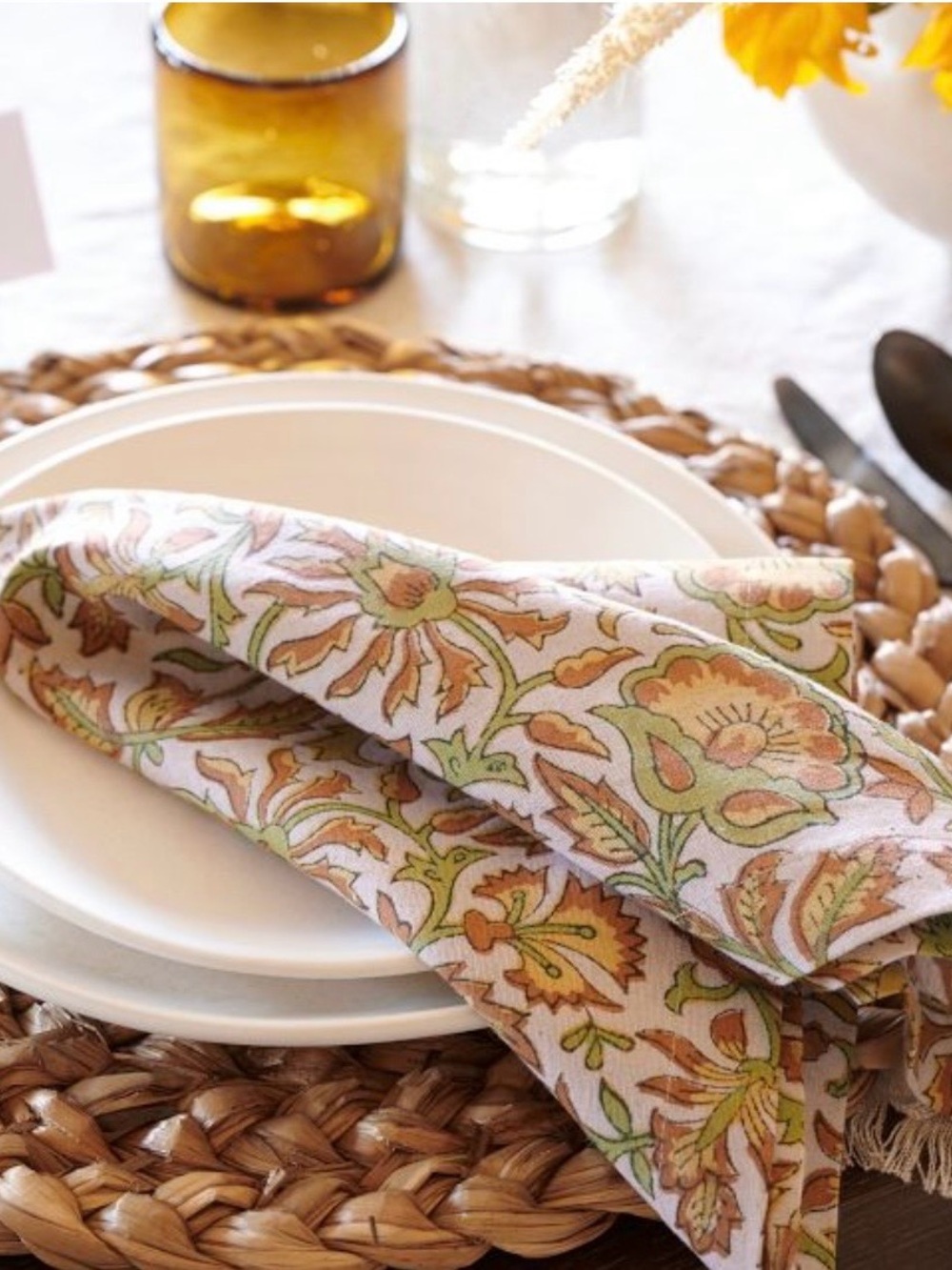Pottery Barn Floral Organic Cotton Linen Napkins Set/4 Sold Out New 🍁🍂